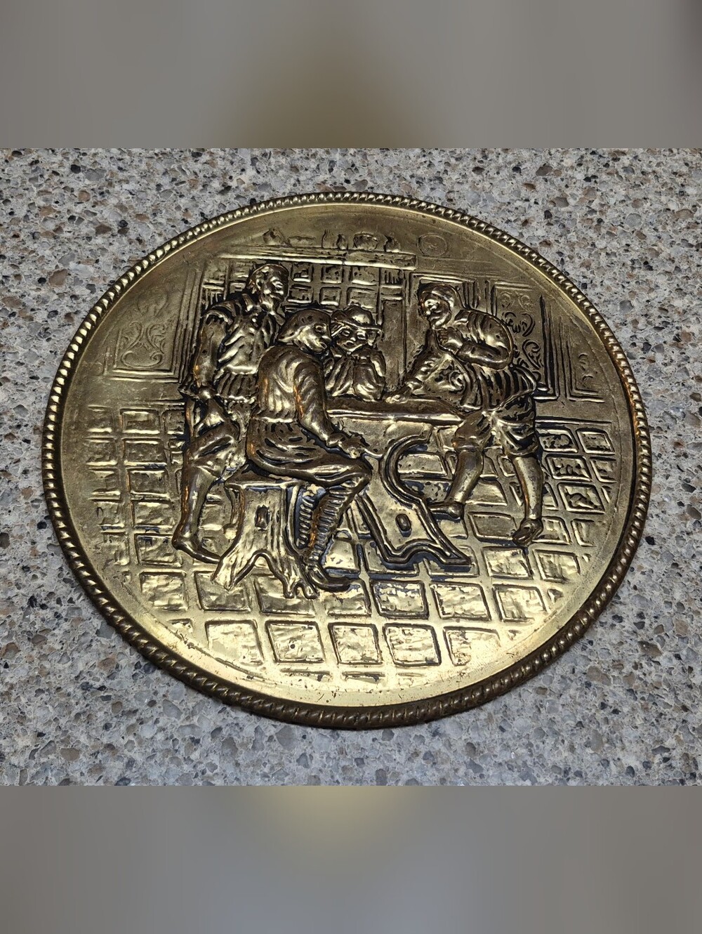 Vintage Brass Wall Plaque Relief Tavern Scene Pub Drinks 8" Round Hanging Plate